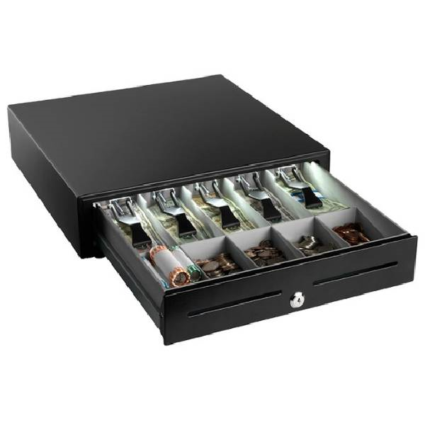 MMF Industries POS PayVue 18-Inch LED Illuminated Cash Drawer Black 5 Bill/5 Coin Till 225L1817104A Printer or Terminal Driven RJ12-24Vdc 18 x 17 Inches 